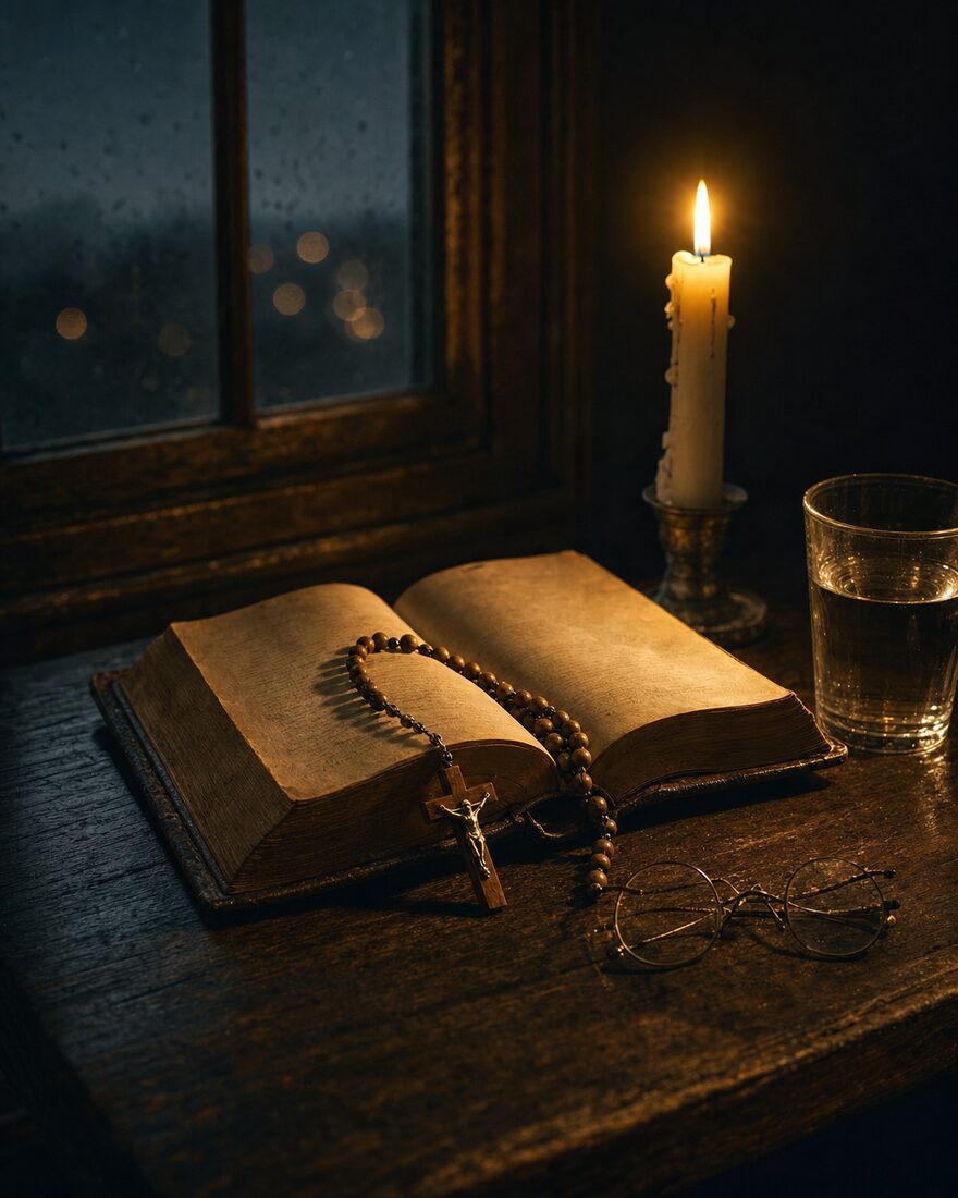 An open Bible, a wooden rosary and a burning candle on a dark table