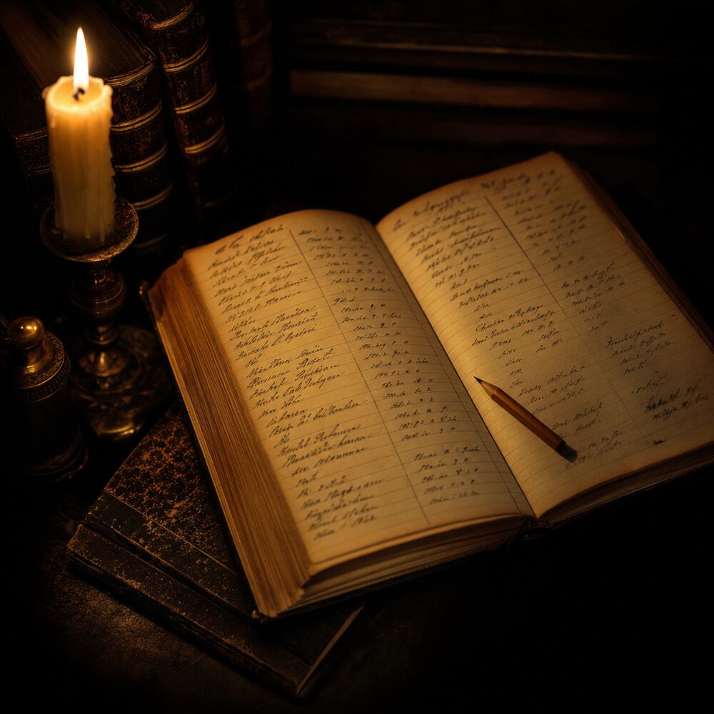 A handwritten ledger of names and dates beside a candle