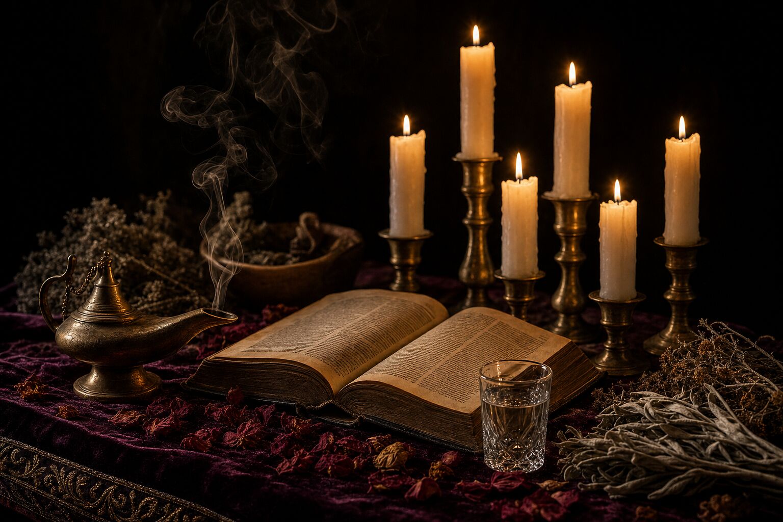 A candlelit altar with prayer candles, an open book of psalms and dried herbs